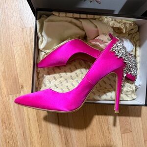 Badgley Mischka Fuchsia Satin Heels with Silver Embellishments